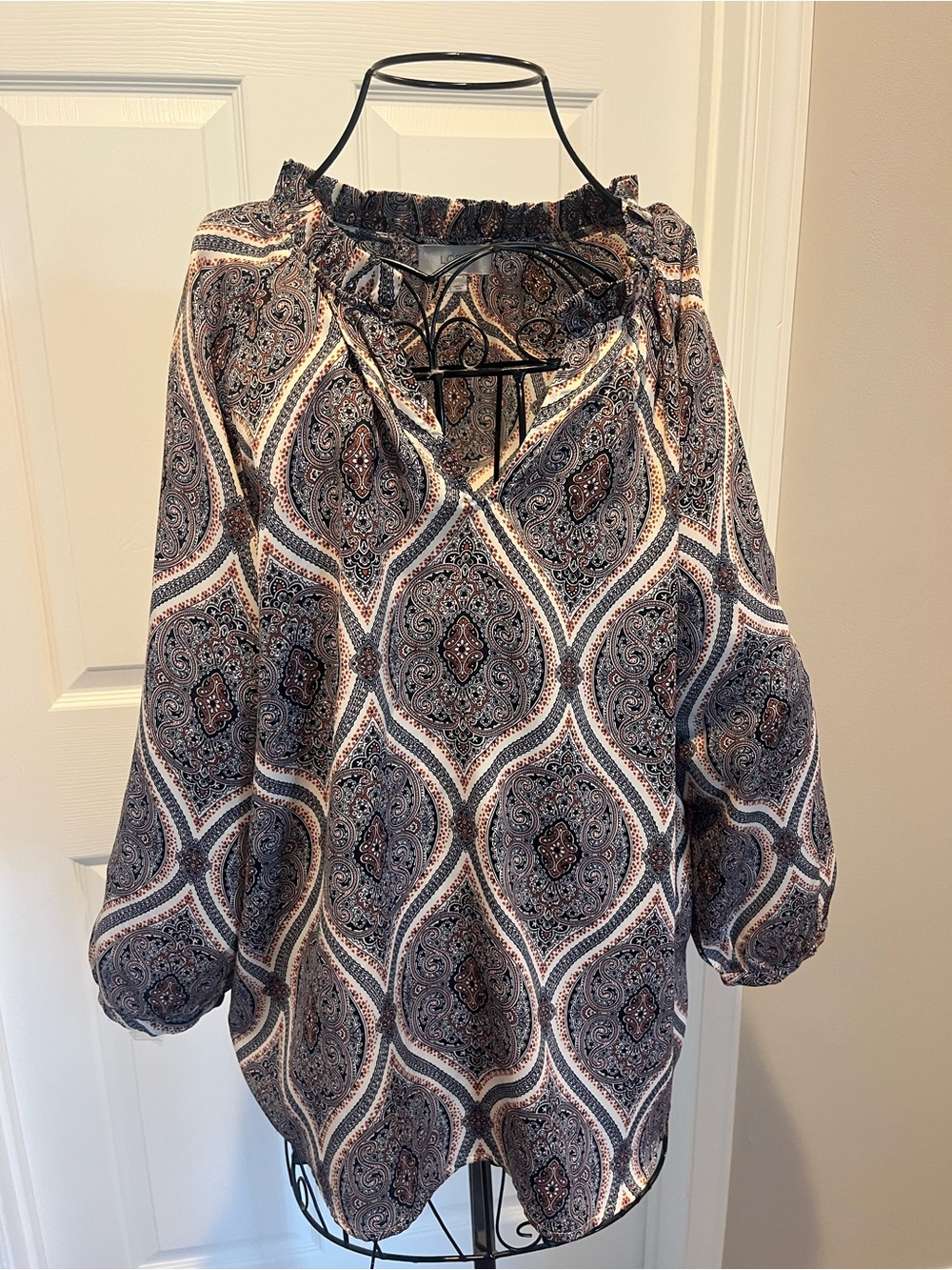 LOFT Paisley Tie-Neck Peasant Blouse - Navy & Cream